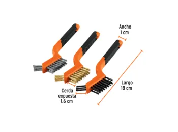 JUEGO DE 3 MINICEPILLOS 10652 TRUPER DE NYLON, LATON Y ACERO INOXIDABLE